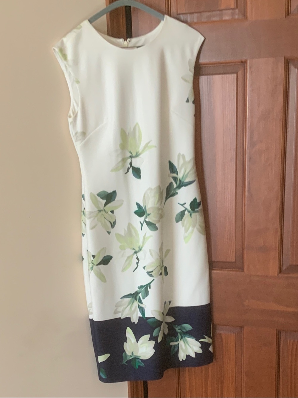 Vince Camuto Ivory Floral Midi Dress with Navy Hem